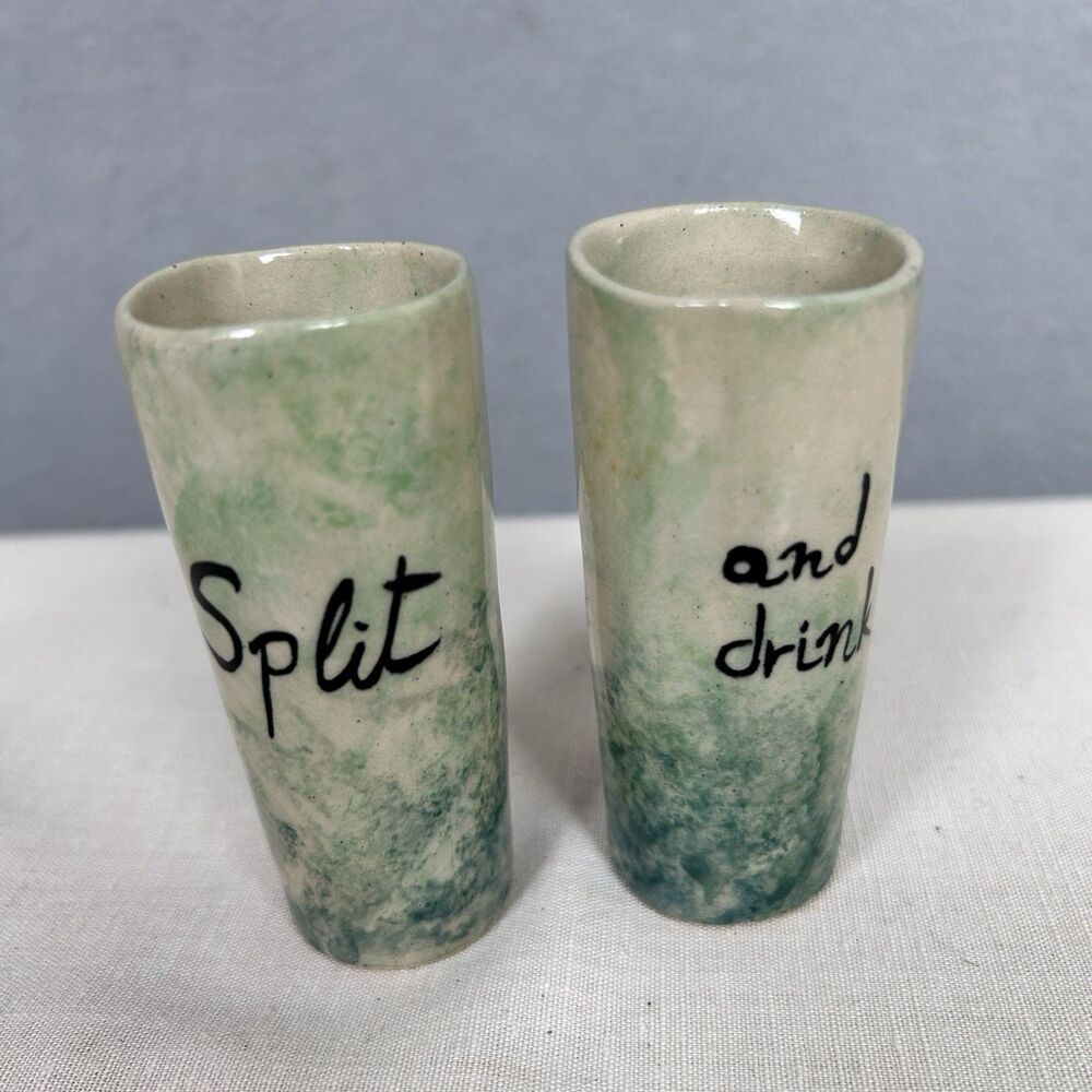 Hand made set of 2 ceramic white and green shot glasses "Split", "and drink!"